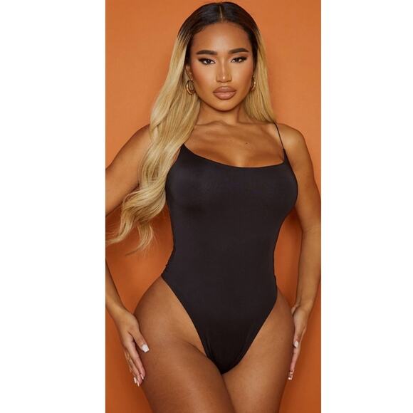 New PRETTYLITTLETHING PLT Shape Black Slinky Spaghetti Strap Bodysuit SIZE 8 - Picture 1 of 11